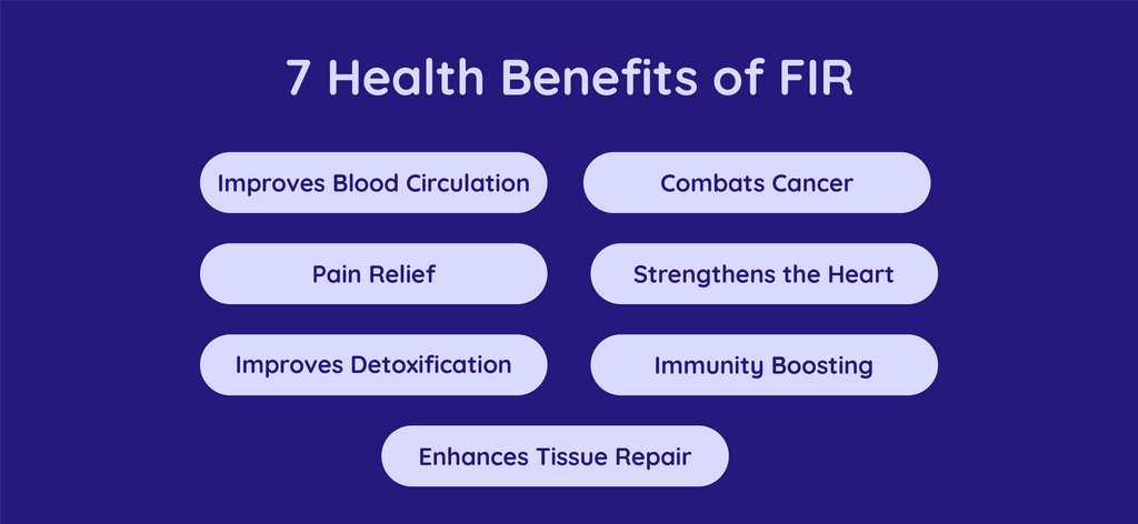 7 Health benefits of FIR energy, improves blood circulation, pain relief, combats cancer, improves detoxification, enhances tissue repair, immunity boosting, strengthens the heart