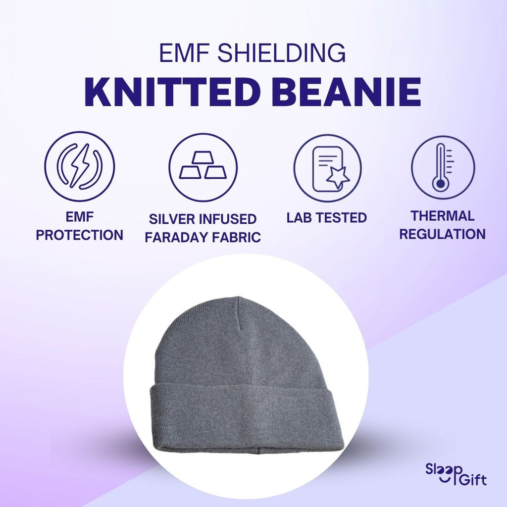 
The image features a knitted beanie designed for EMF (electromagnetic field) shielding. The beanie is made from silver-infused Faraday fabric, which has been lab-tested for effectiveness. It offers thermal regulation, making it suitable for various weather conditions. The beanie is unisex, designed for both men and women, and is presented as a practical and protective sleep accessory. The text on the image highlights its key features: EMF shielding, protection, and comfort.