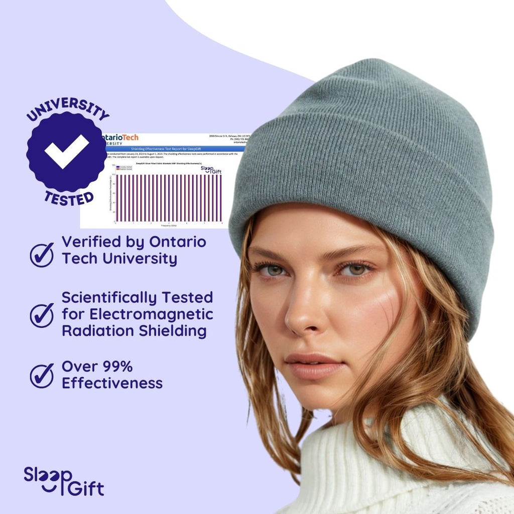 A young woman with long, wavy blonde hair wears a light gray EMF-blocking beanie and a white turtleneck sweater. She gazes directly at the camera with a neutral expression. To the left, a badge with a checkmark reads 'UNIVERSITY TESTED.' Below, three bullet points state: 'Verified by Ontario Tech University,' 'Scientifically Tested for Electromagnetic Radiation Shielding,' and 'Over 99% Effectiveness.' In the background, a faint test report with a bar graph is visible. 