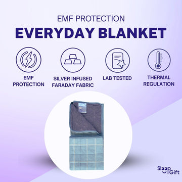 Blue emf everyday blanket with promotional text and graphics on a light purple background